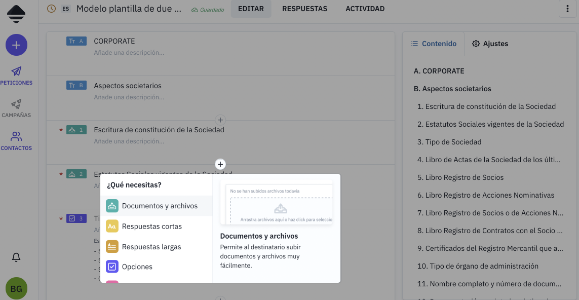 Plantilla o modelo de listado o checklist de due diligence legal