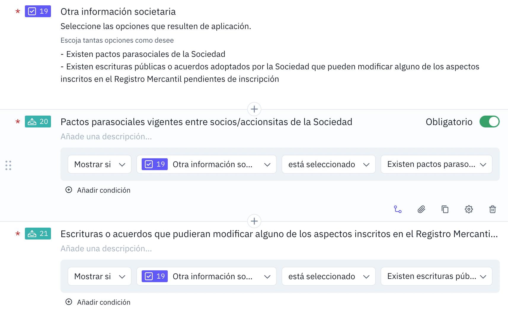 Preguntas que siguen la lógica condicional en una checklist o listado de due diligence
