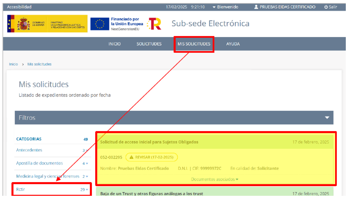 Captura 9: guía para solicitar el acceso al RCTIR