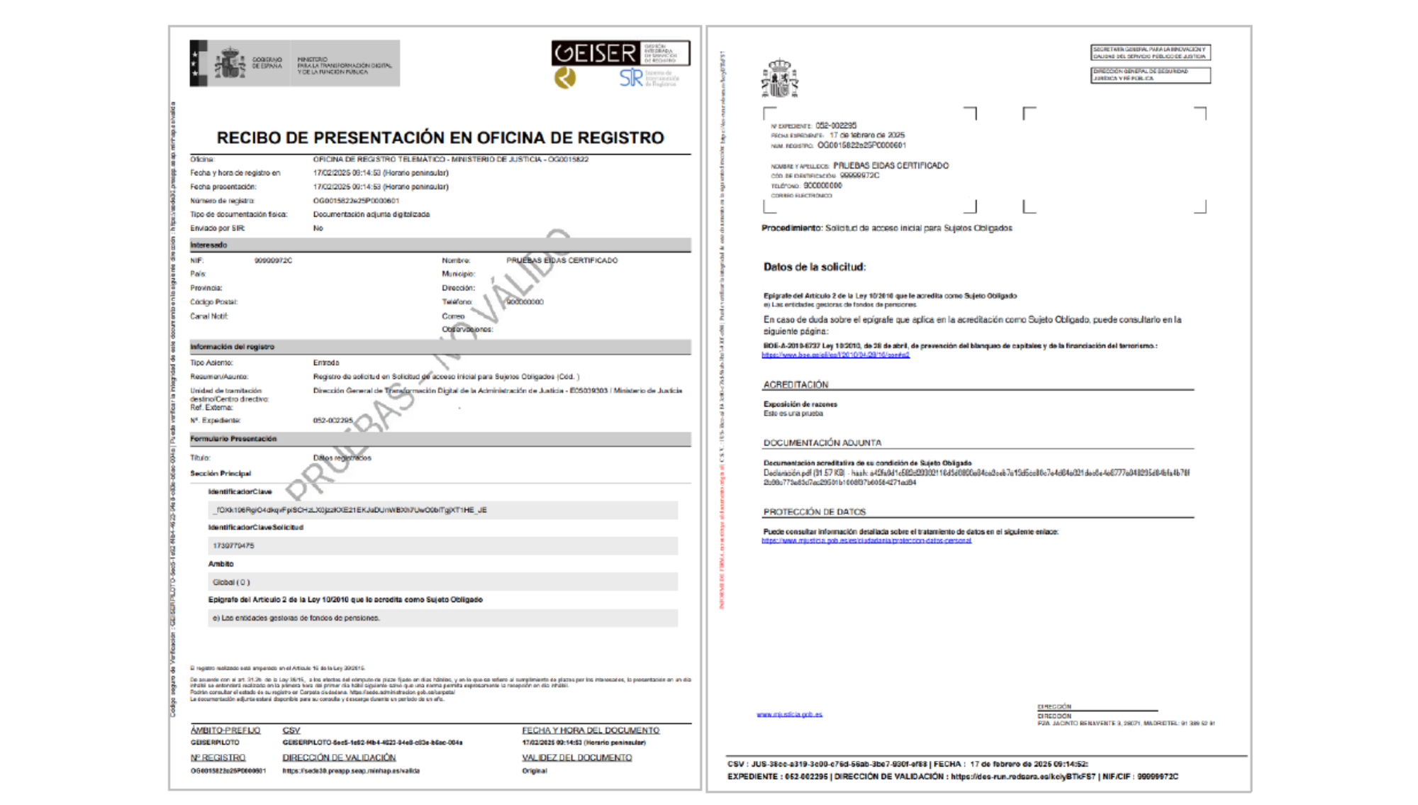 Captura de pantalla: Justificante del registro como la Solicitud.