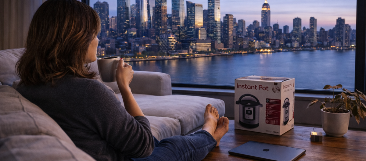 Woman relaxing on couch with coffee, feet up, looking at city skyline at dusk, Instant Pot in box and closed laptop on table