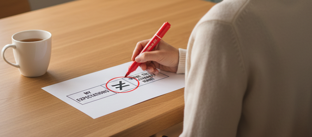 Woman at desk circling the words "my expectations do not equal what they actually want" on a paper with a red marker