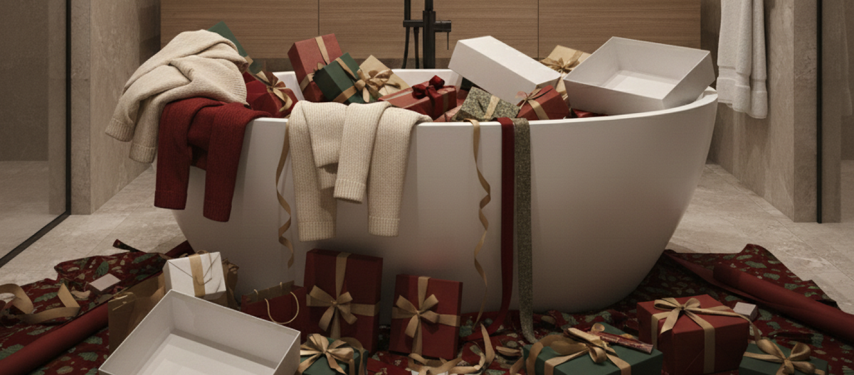 Luxury bathroom bathtub overflowing with unwrapped Christmas gifts and wrapping supplies scattered on floor - two days before Christmas Eve