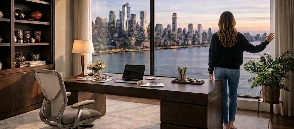 A home office with a dark wood desk and open laptop facing floor-to-ceiling windows overlooking the New York City skyline across the Hudson River at sunset.