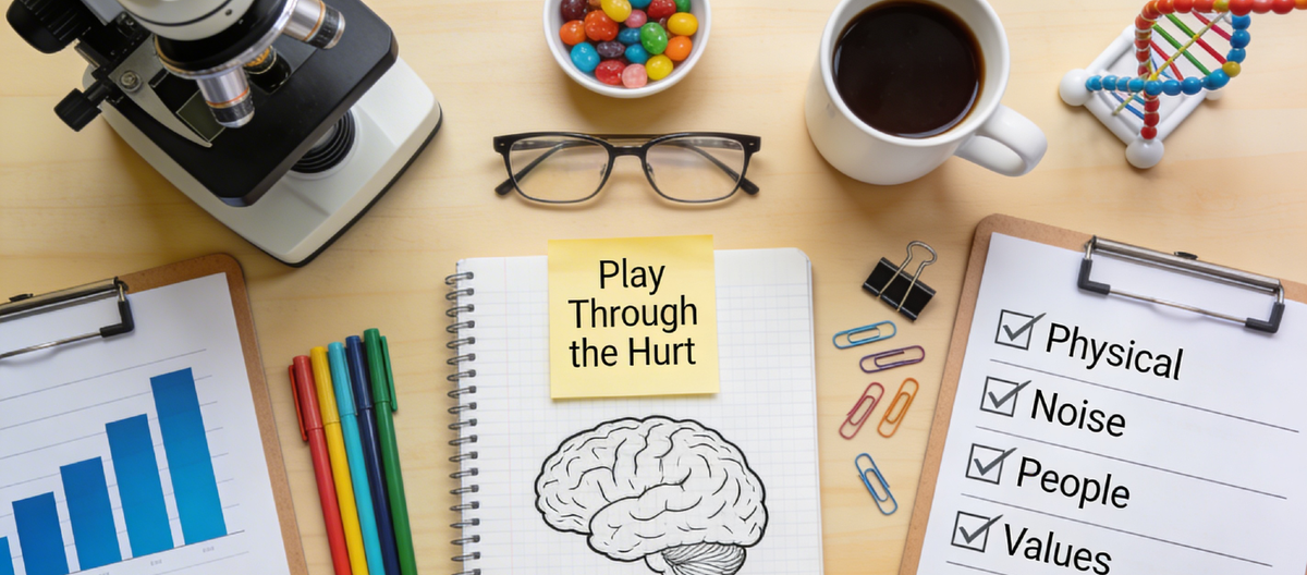 Overhead view of a light-colored desk with a microscope, charts, pens, glasses, coffee, and a notebook showing a brain sketch with a yellow sticky note that reads “Play Through the Hurt.” 
