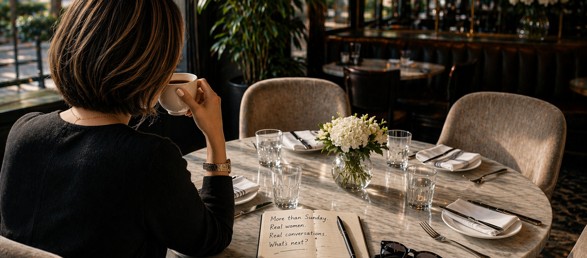 Woman alone at marble café table with empty chairs, coffee, and notebook reading "More than Sunday. What's next?"