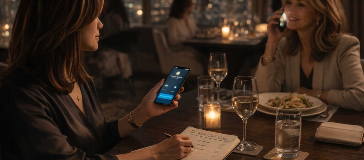 Woman at a restaurant holding her phone, writing in a notebook labeled "Do. Not. Call. List." A friend across the table talks on her phone, smiling. City skyline, wine glasses, candlelight.