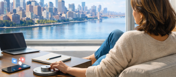 Woman adjusting dial while looking at city skyline, laptop closed, phone notifications ignored