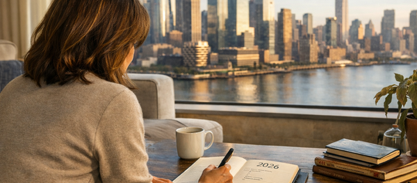 Woman reviewing decade of resolution notebooks, 2026 page shows simpler list, city apartment morning light