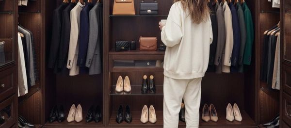 Woman in loungewear with coffee facing color-coded closet full of business clothes, bags, and heels — organized everything except what to do next