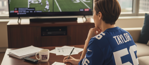 Woman in Giants jersey watching Red Zone with fantasy football sheets on table