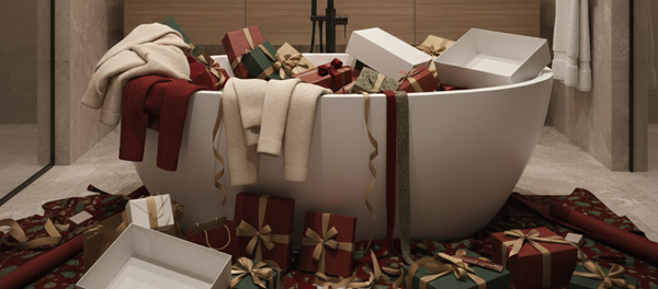 Luxury bathroom bathtub overflowing with unwrapped Christmas gifts and wrapping supplies scattered on floor - two days before Christmas Eve