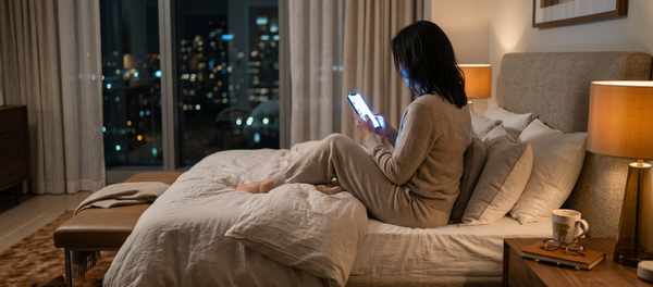 Woman sitting up in bed at night viewed from behind, scrolling phone in dim room, city skyline through window, coffee mug and glasses forgotten on nightstand.
