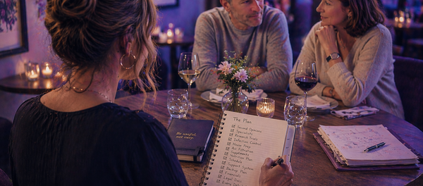 Woman writing in a checklist-filled notebook at a restaurant table while two people across from her talk in soft purple-blue light.