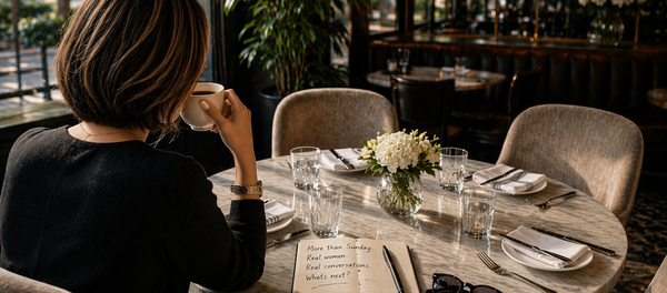 Woman alone at marble café table with empty chairs, coffee, and notebook reading "More than Sunday. What's next?"