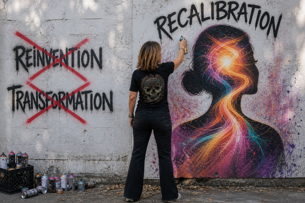 Woman in black jeans and a skull-back T-shirt spray-paints a mural as “Reinvention” and “Transformation” are crossed out, replaced by “Recalibration” over a glowing female silhouette.