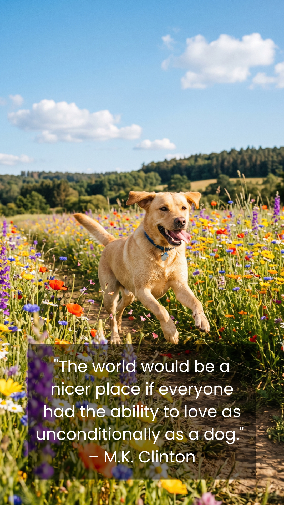Joyful Labrador retriever running through a flower field quote wallpaper