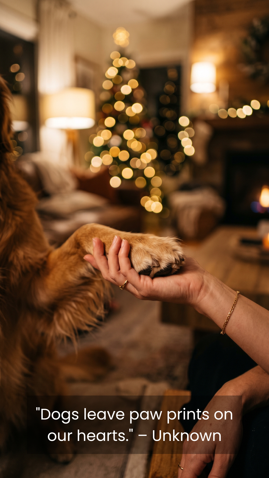 Human hand holding a dog paw with a heartwarming quote