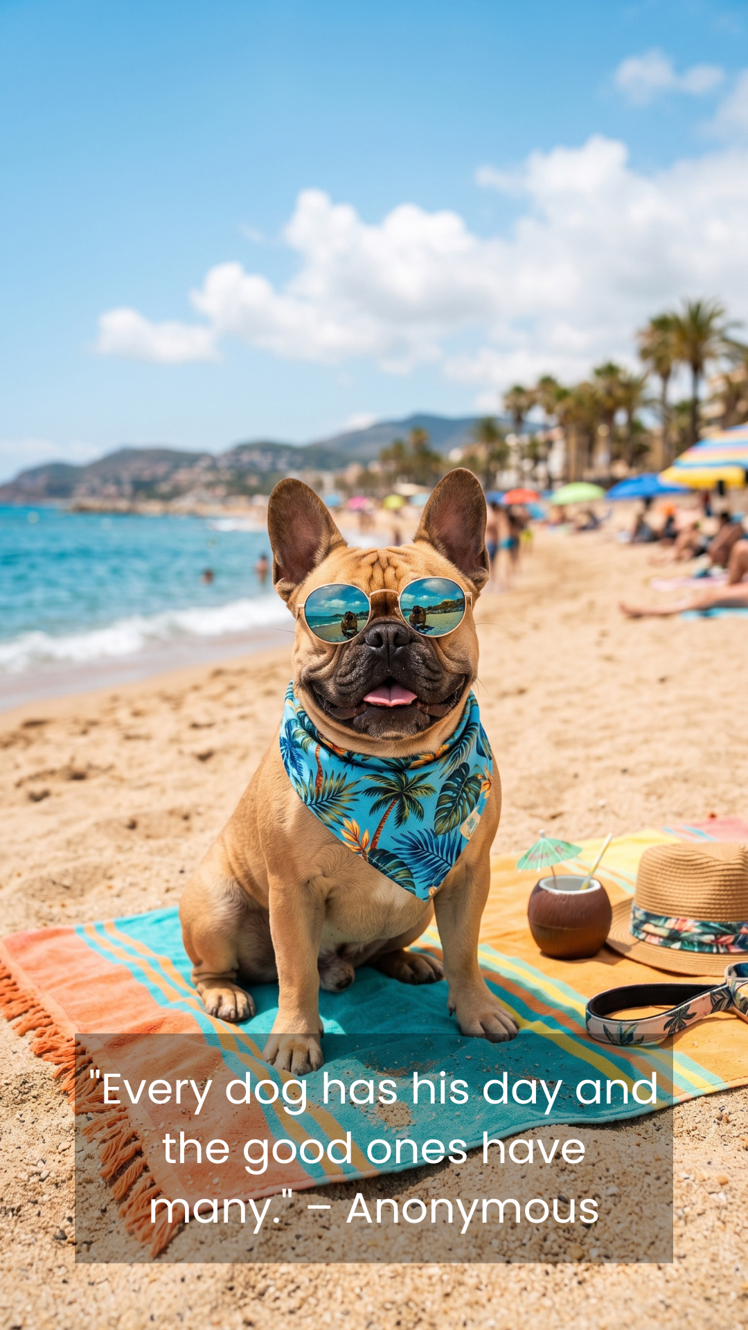 Cool French Bulldog with sunglasses on a beach quote wallpaper