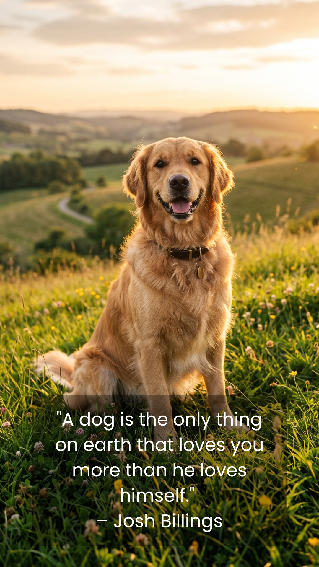 Golden Retriever dog sitting on a sunny hill with an inspirational quote about a dog's love