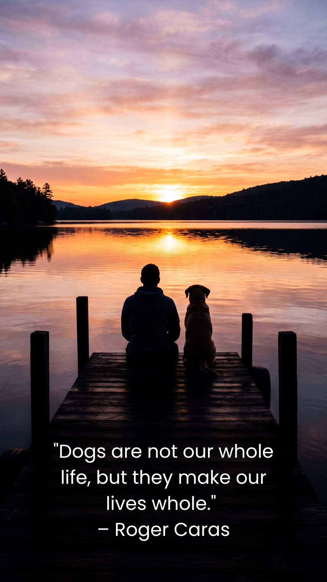 Silhouette of a person and dog on a dock during sunrise wallpaper