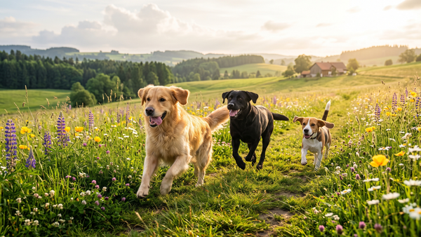 Collection of happy dogs in a green field for inspirational dog quotes post