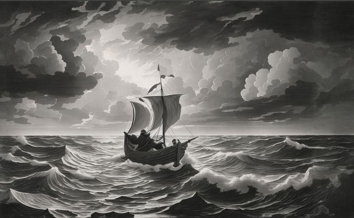 A black and white drawing of a sailor crossing the ocean in his sailboat. 