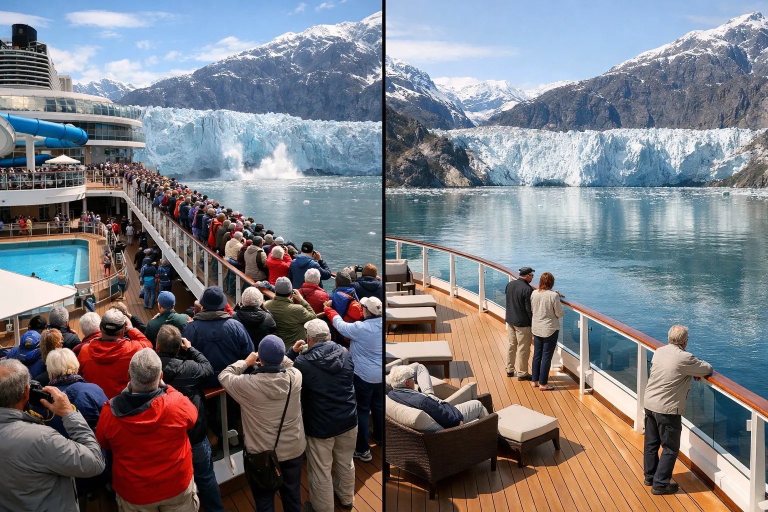 Comparison of mass market and luxury Alaska cruise ship decks viewing glaciers