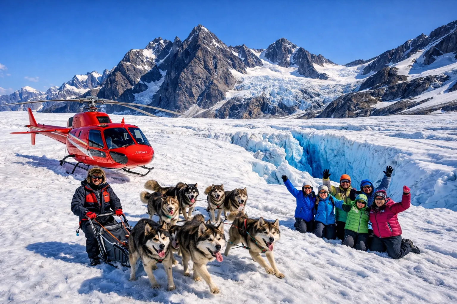 Helicopter dog sledding excursion on Alaska glacier with tourists and huskies