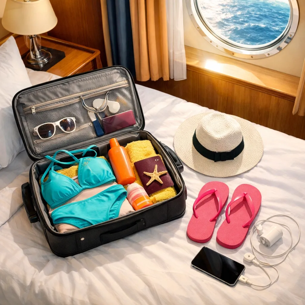 Organized cruise carry-on bag with swimsuit, sunscreen, and essentials in ship cabin