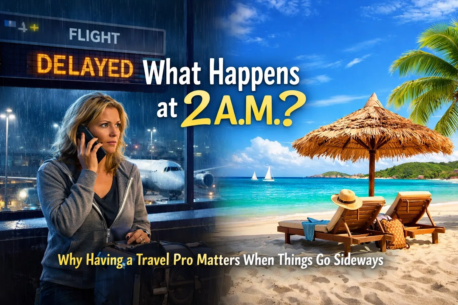 A traveler sitting in a dimly lit airport terminal looking at their phone, illustrating the need for a travel agency's help during a late-night travel emergency.