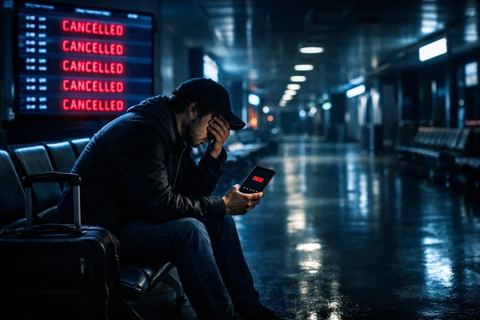 Stranded traveler at airport terminal with cancelled flight at 2 AM