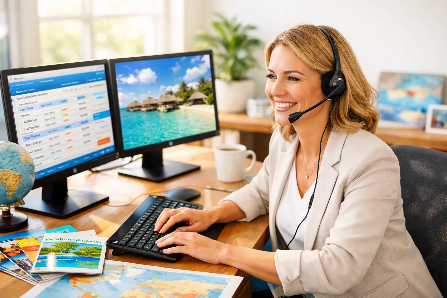 Professional travel advisor assisting client with travel emergency booking