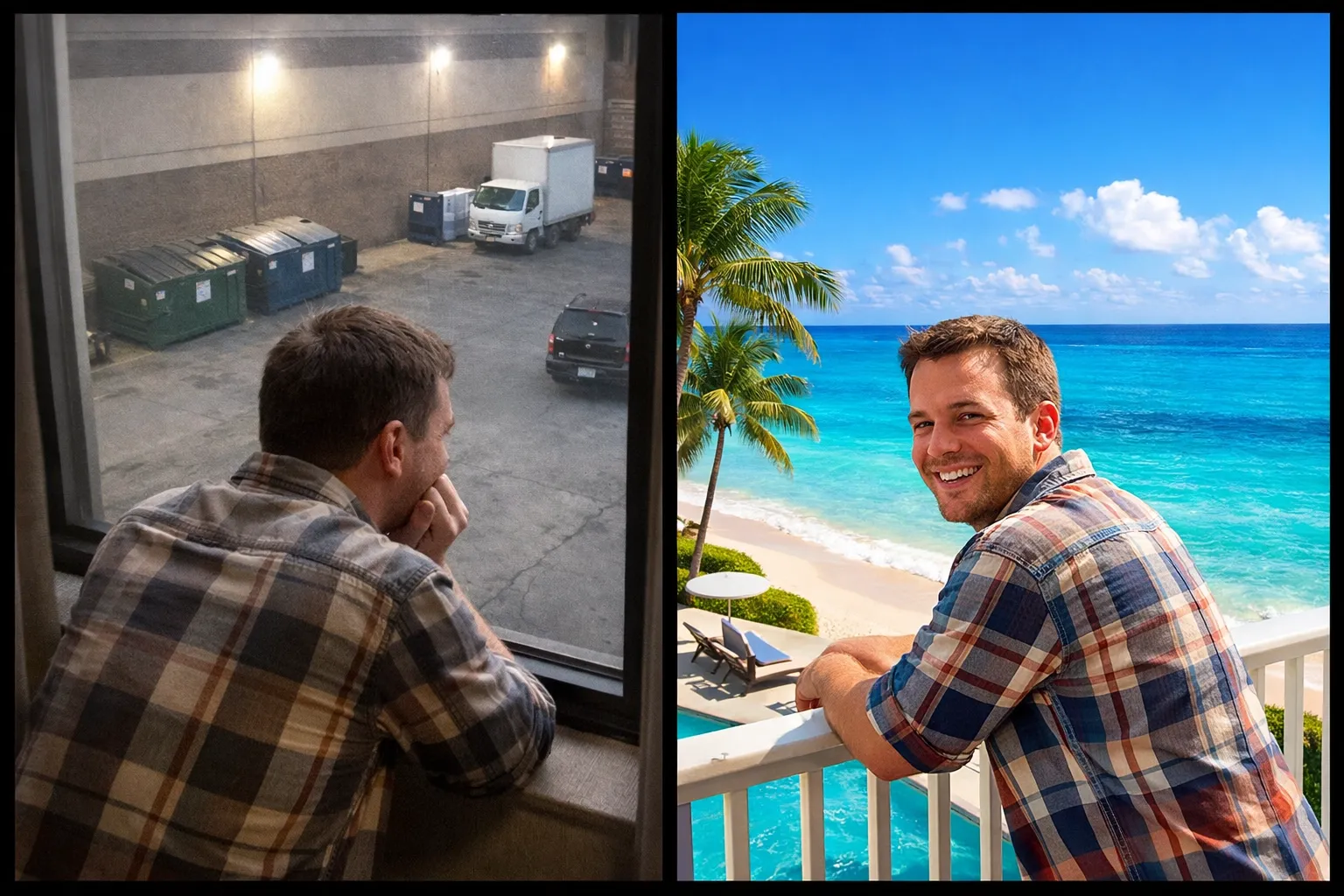 Hotel room comparison: parking lot view versus true oceanfront balcony view