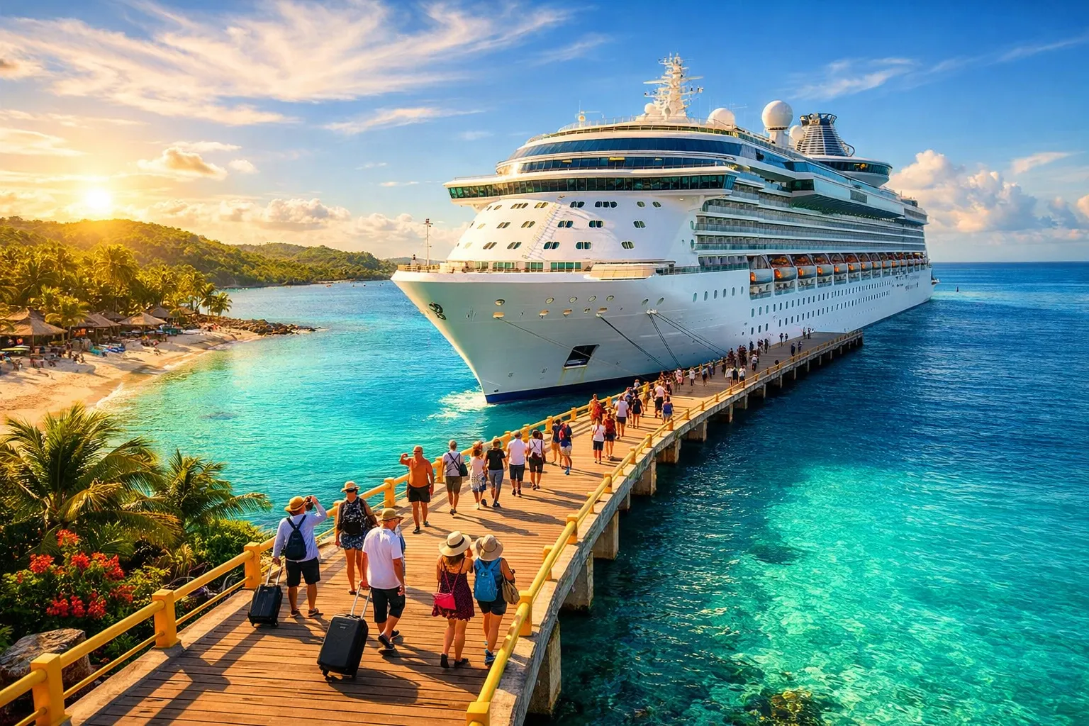 Luxury cruise ship docked at Caribbean port with travelers boarding