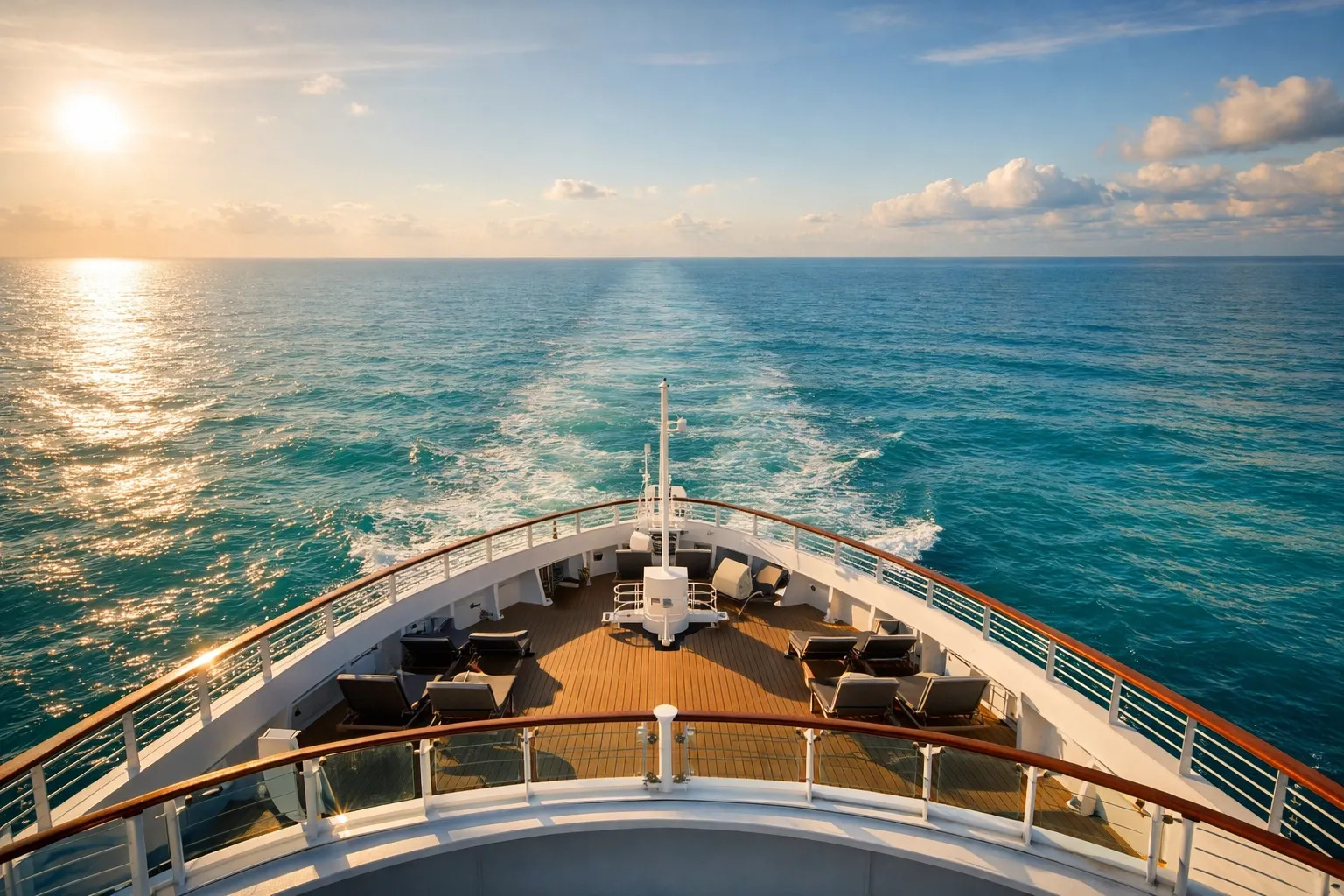 Shot from the bow or top deck of a ship, open water ahead, late afternoon light.