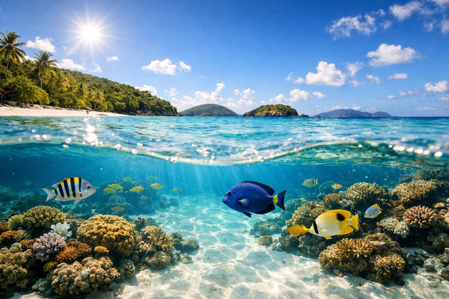Crystal clear turquoise water over white sand at Trunk Bay. Above/below waterline split shot.