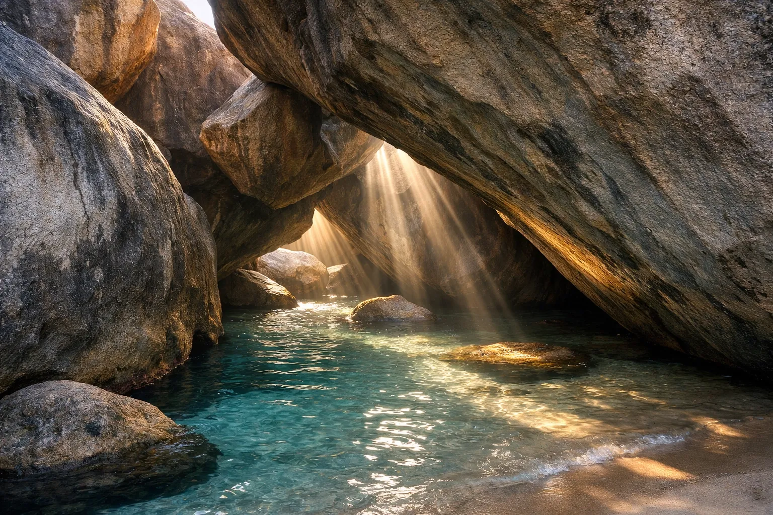Massive granite boulders at the water's edge at The Baths. Morning light filtering through grottos.