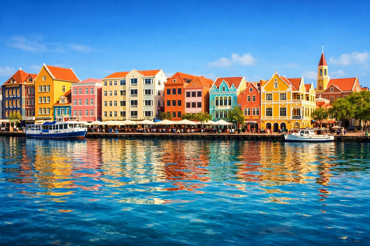 Pastel waterfront of Willemstad from the water. Dutch colonial buildings in mustard, coral, aquamarine, and terracotta.