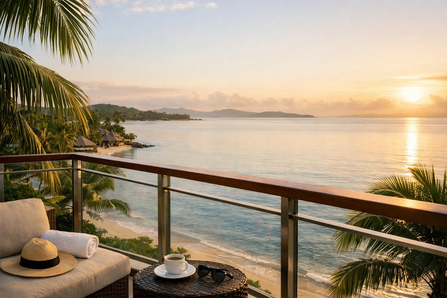 Room balcony view of the Koro Sea, early morning light, calm water.