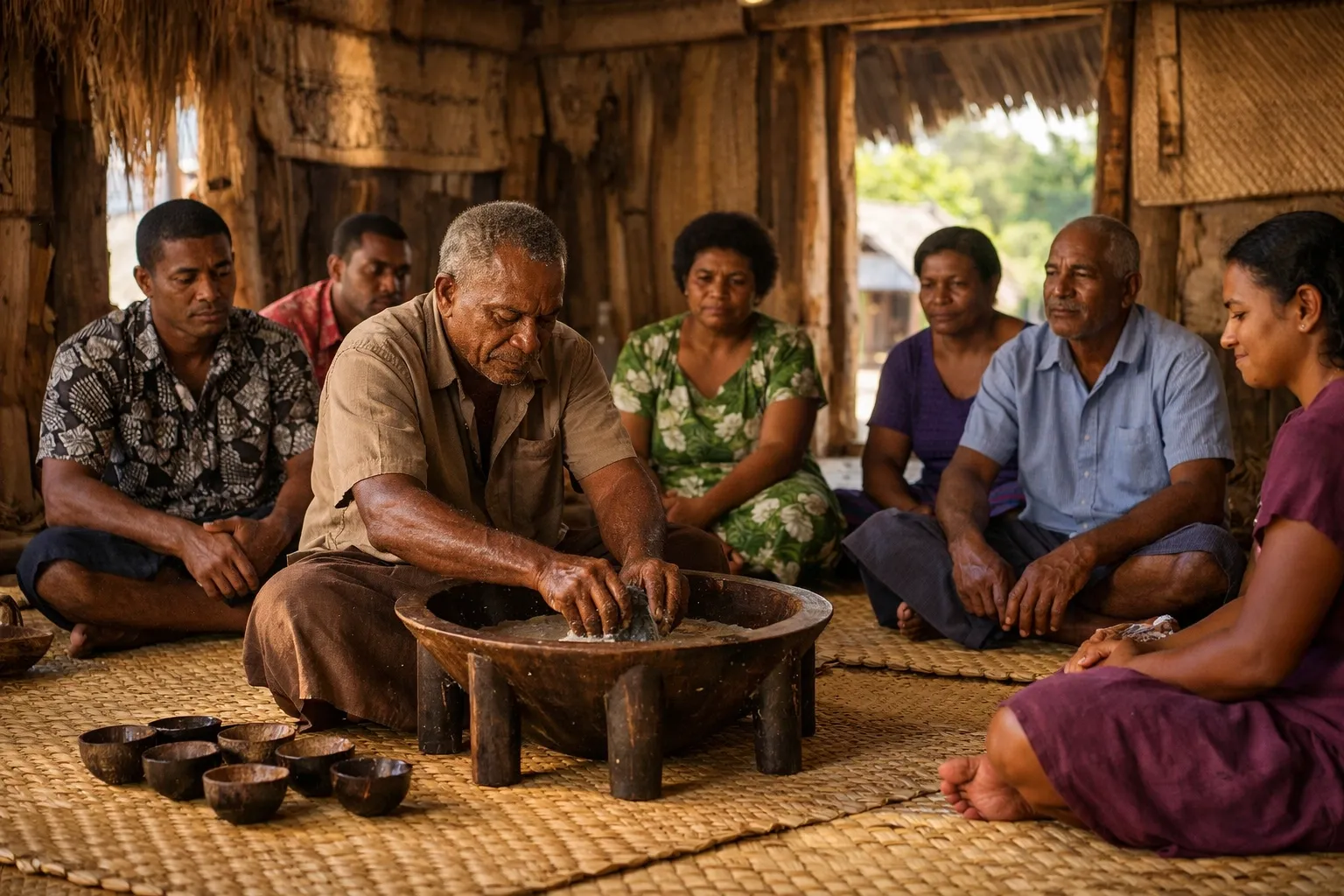 Kava ceremony in a traditional Fijian village. Warm natural light, authentic and respectful.