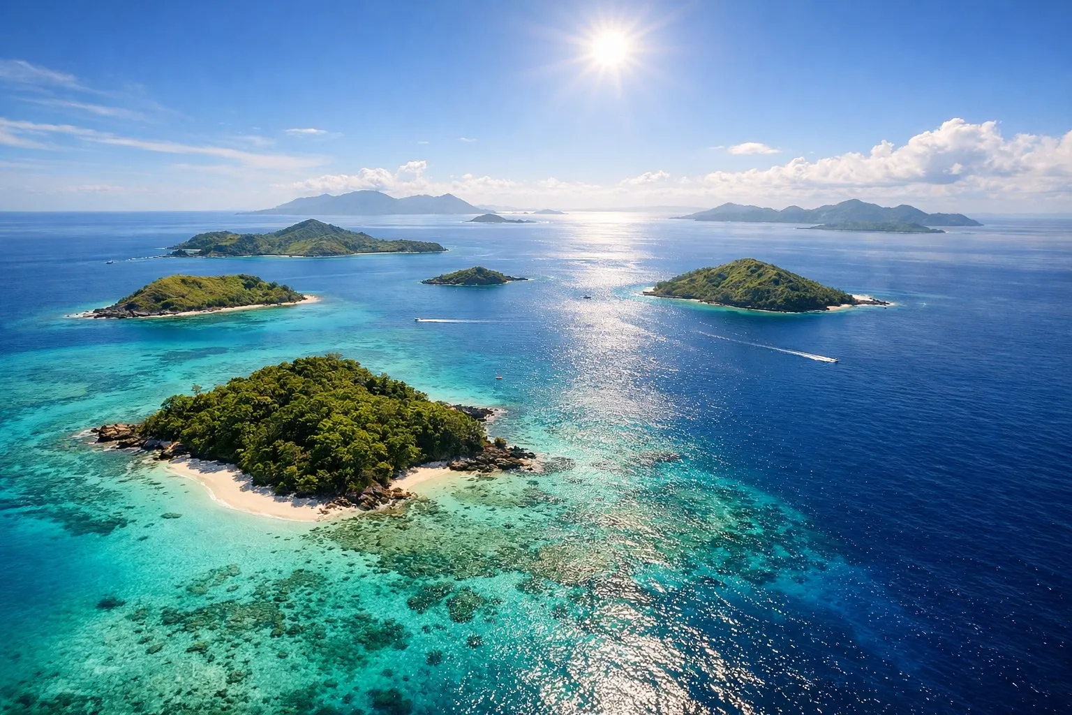 Aerial shot of the Yasawa or Mamanuca Islands from a seaplane. Water graduating from pale jade to sapphire.