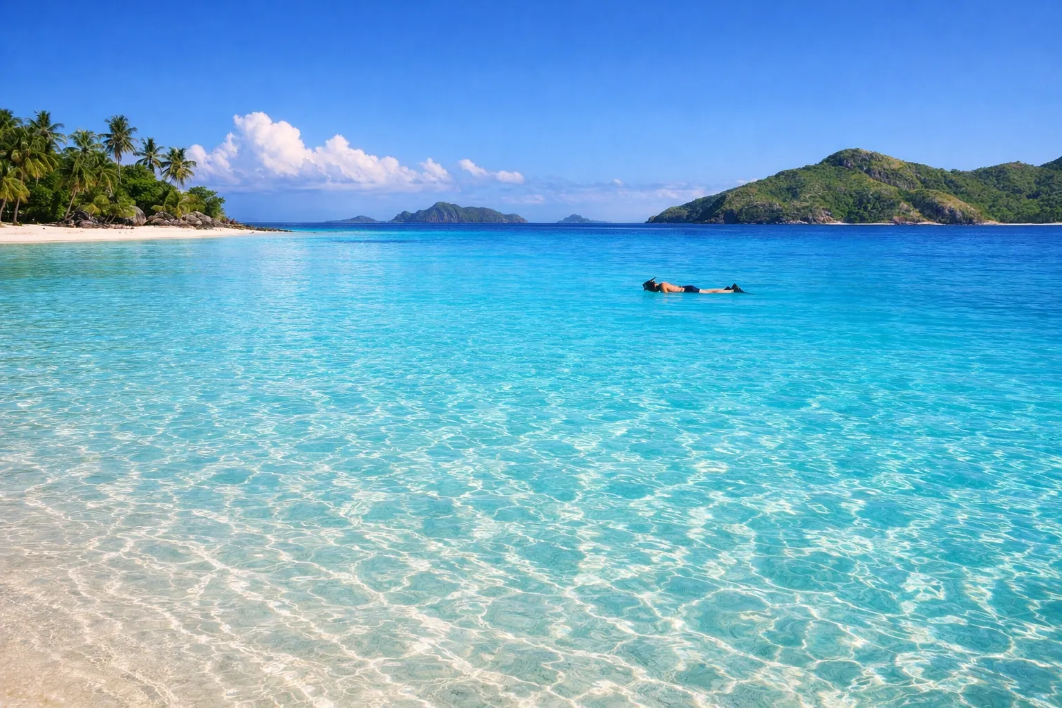 Clear shallow water over white sand at Blue Lagoon. Figure floating or snorkeling.