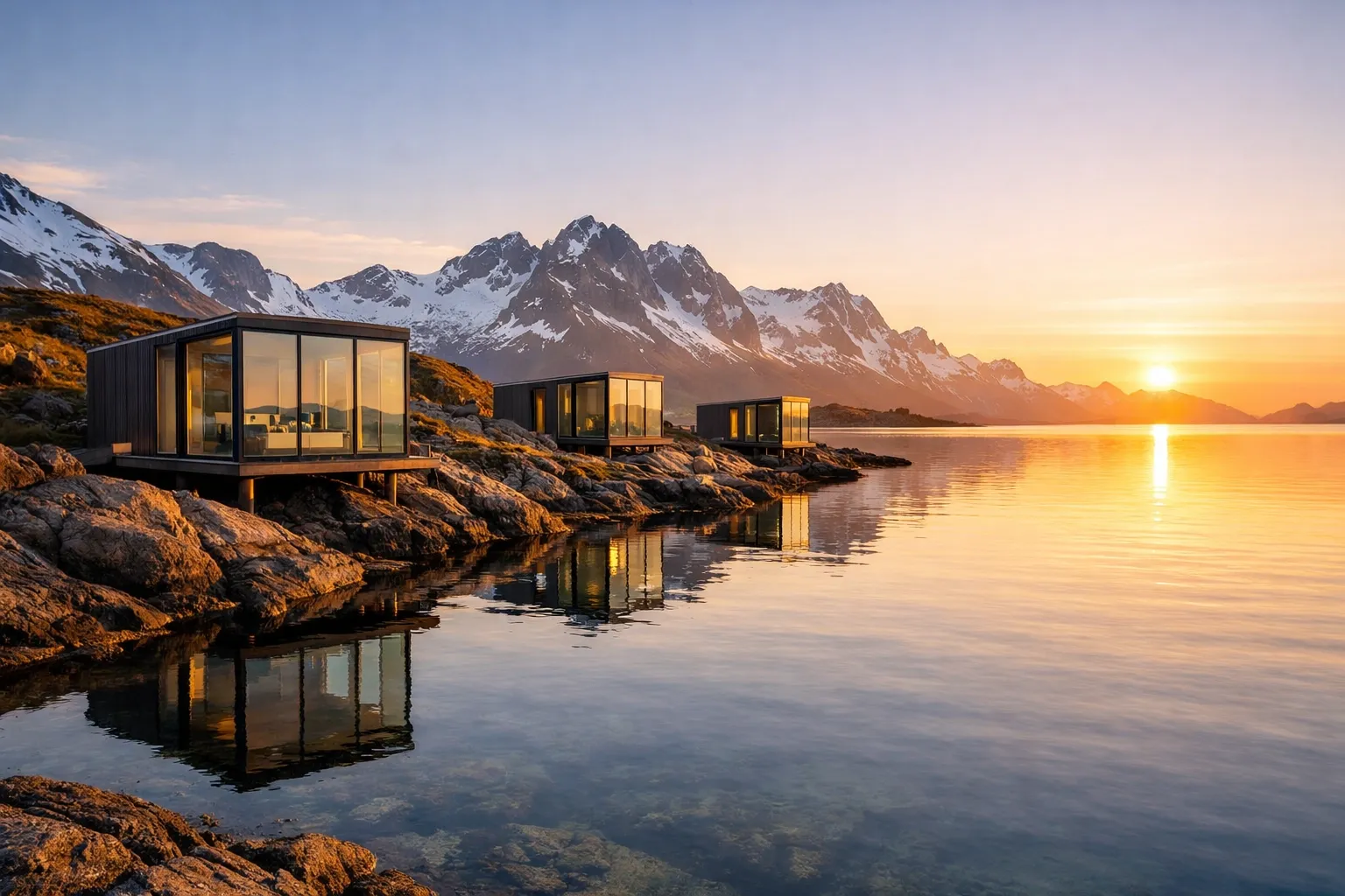 Modern Scandinavian glass sea cabins on a rocky shoreline in northern Norway under the midnight sun, calm reflective water, crisp editorial look.