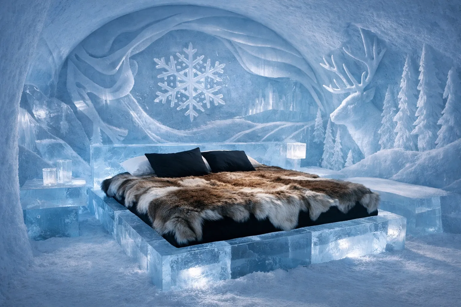 A luxury ice suite at ICEHOTEL 365 in Swedish Lapland, intricate ice carvings on the walls, soft ethereal blue lighting, a bed made of ice covered in thick reindeer furs, sophisticated and art-forward luxury aesthetic.