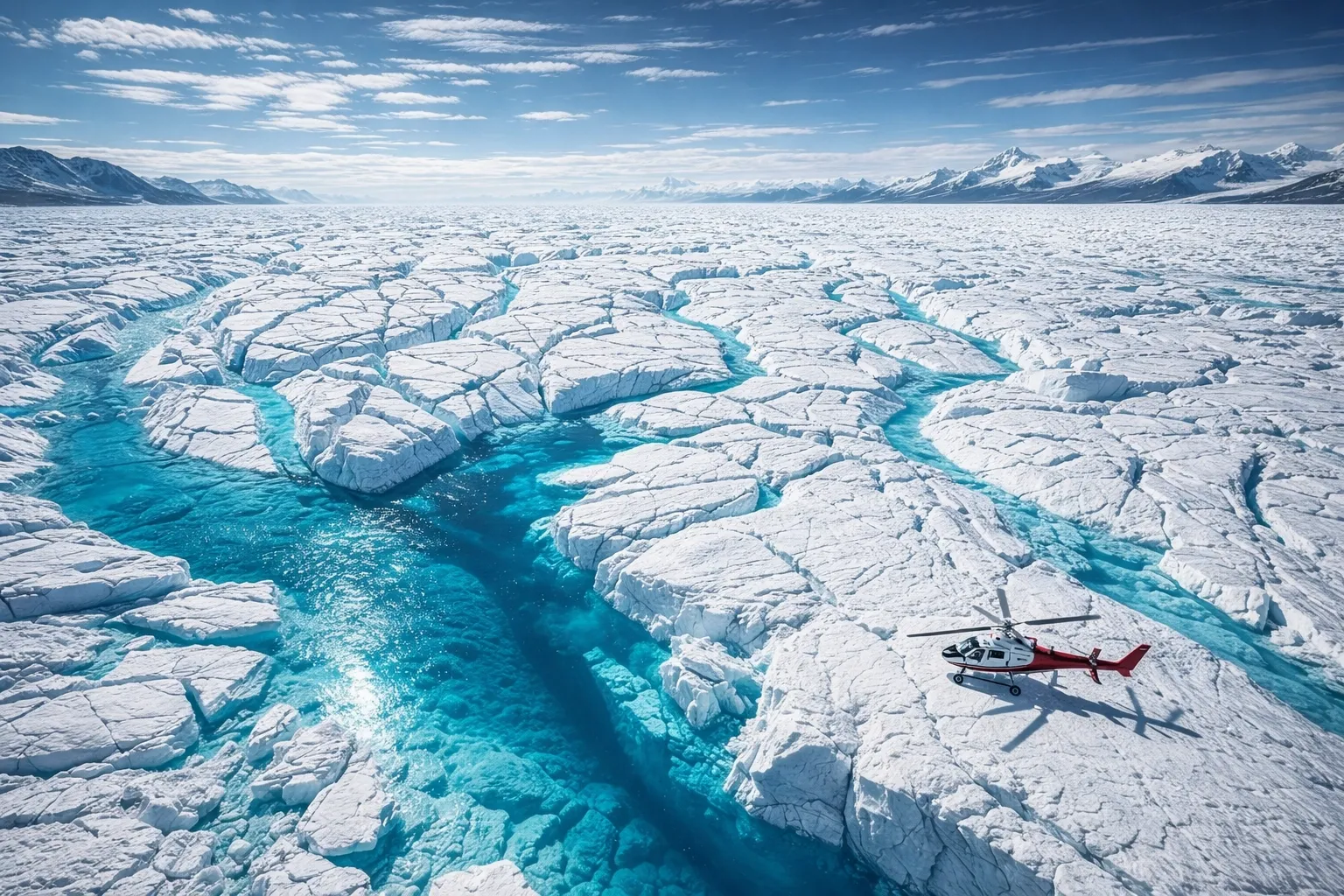 Dramatic wide-angle aerial shot of the Greenland Ice Sheet with a small helicopter landing on a vast cracked white glacier and deep turquoise meltwater pools, bright Arctic daylight, cinematic scale.