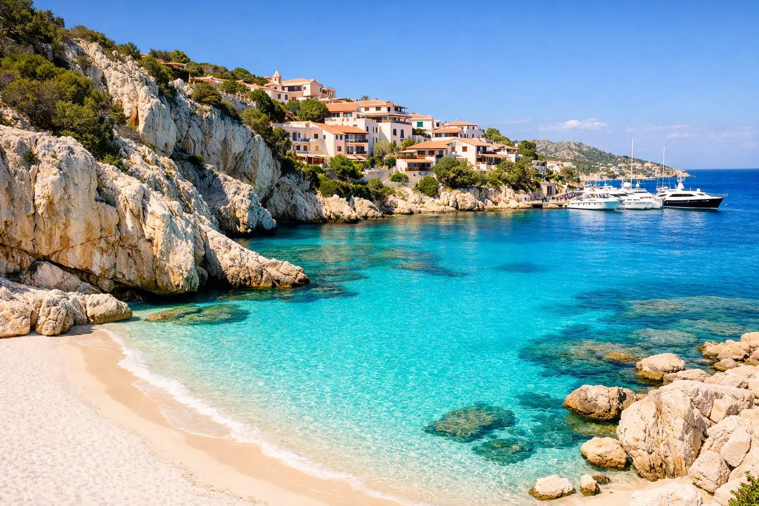 A Costa Smeralda-style turquoise cove with pale limestone cliffs and chic Italian coastal charm, sunlit and vibrant.