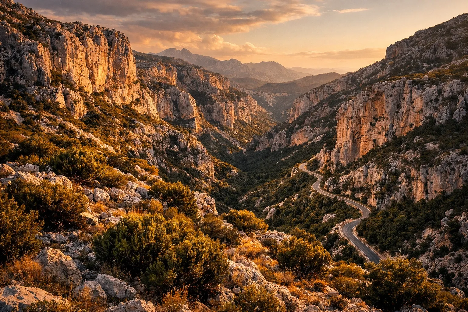 Rugged Sardinia Supramonte interior with dramatic limestone cliffs and canyon landscape at golden hour, cinematic high-contrast, luxury editorial look.