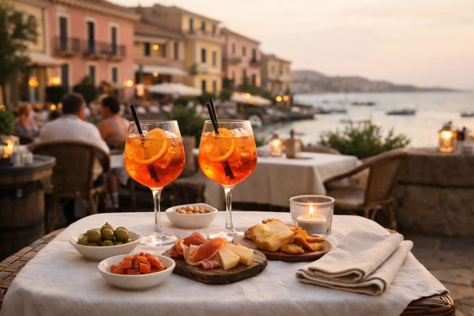 An upscale Sardinian aperitivo table at golden hour with spritz-style drinks and small plates in a piazza near the sea, relaxed and luxe.