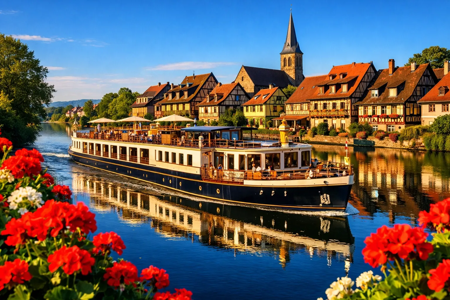 Uniworld boutique river cruise ship sailing past a historic European village.